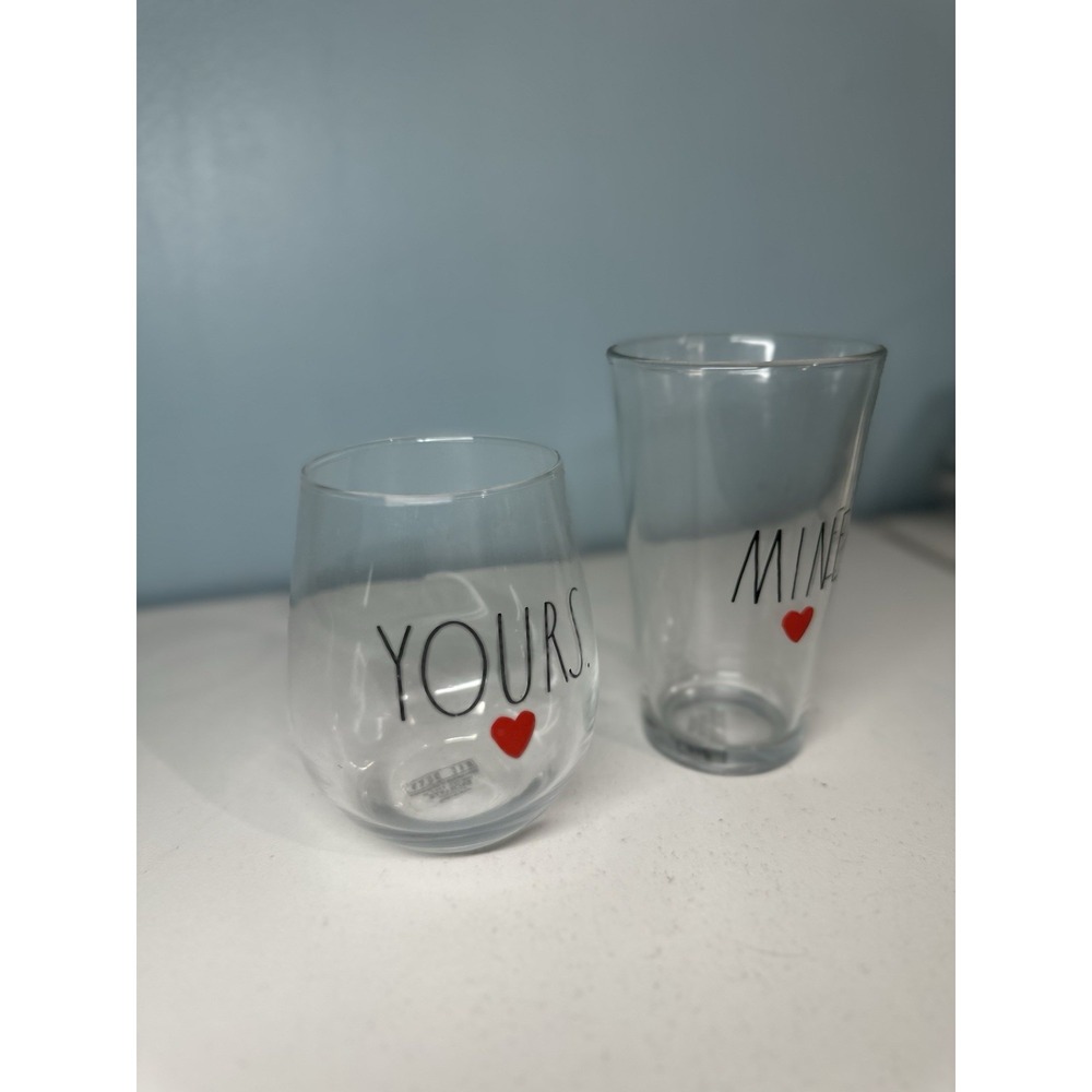 Rae Dunn By Enchante "YOURS" "MINE" Set of 2 Stemless Wine Glass And Beer Glass - Picture 4 of 5